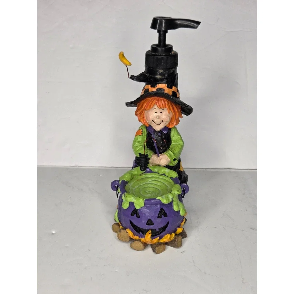 VTG Halloween Witch Cauldron Soap Dispenser Resin Figurine Purple Jack-O-Lantern